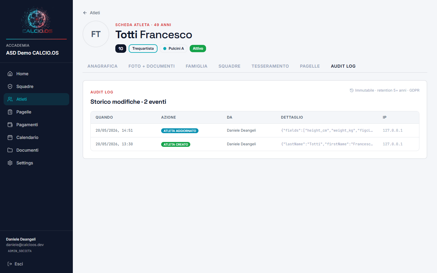 Scheda atleta — Audit log