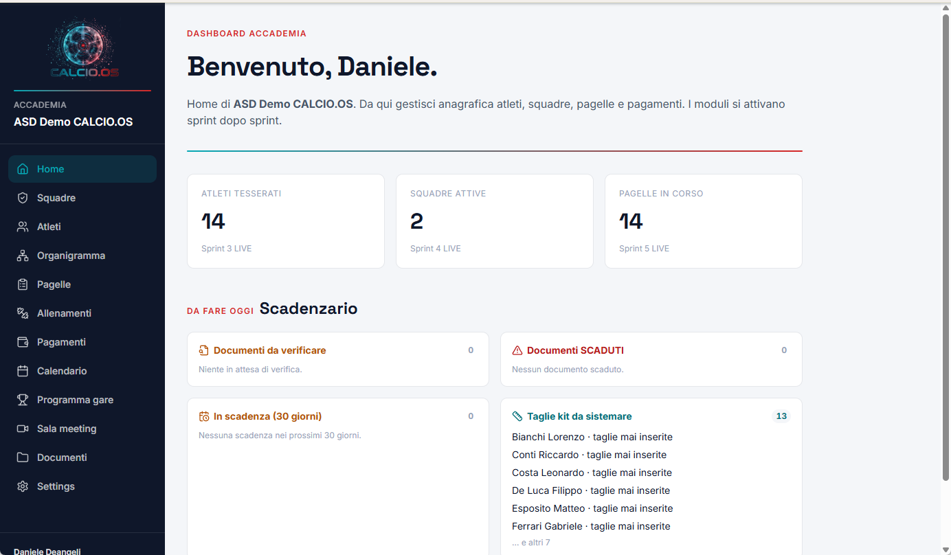 Dashboard CALCIO.OS — home con scadenzario