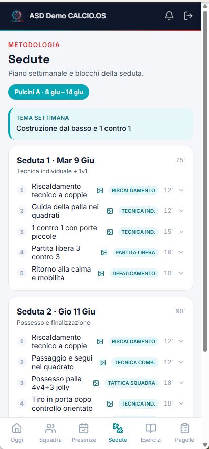 PWA staff CALCIO.OS — sedute della settimana con i blocchi e i diagrammi